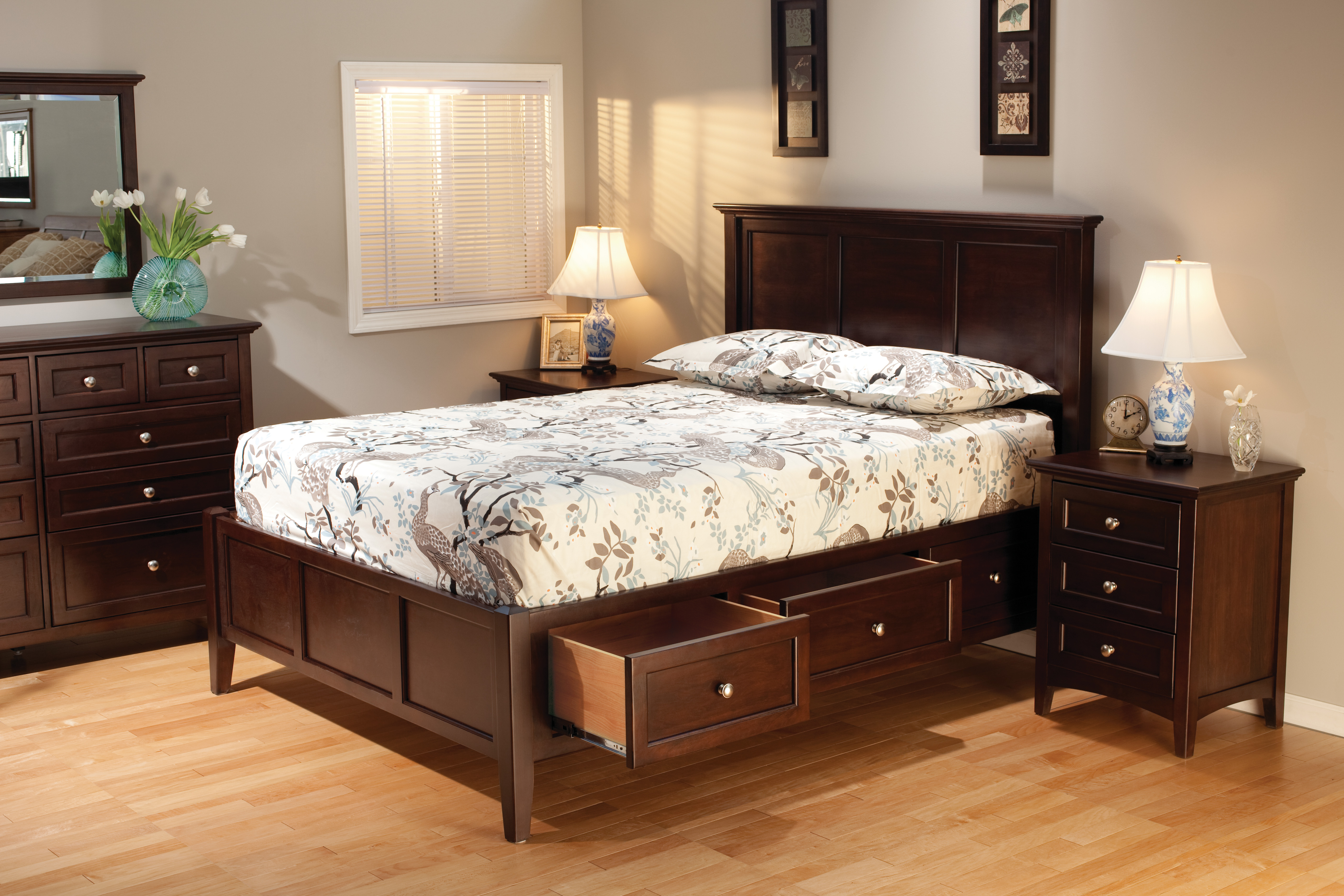 wood and white bedroom furniture